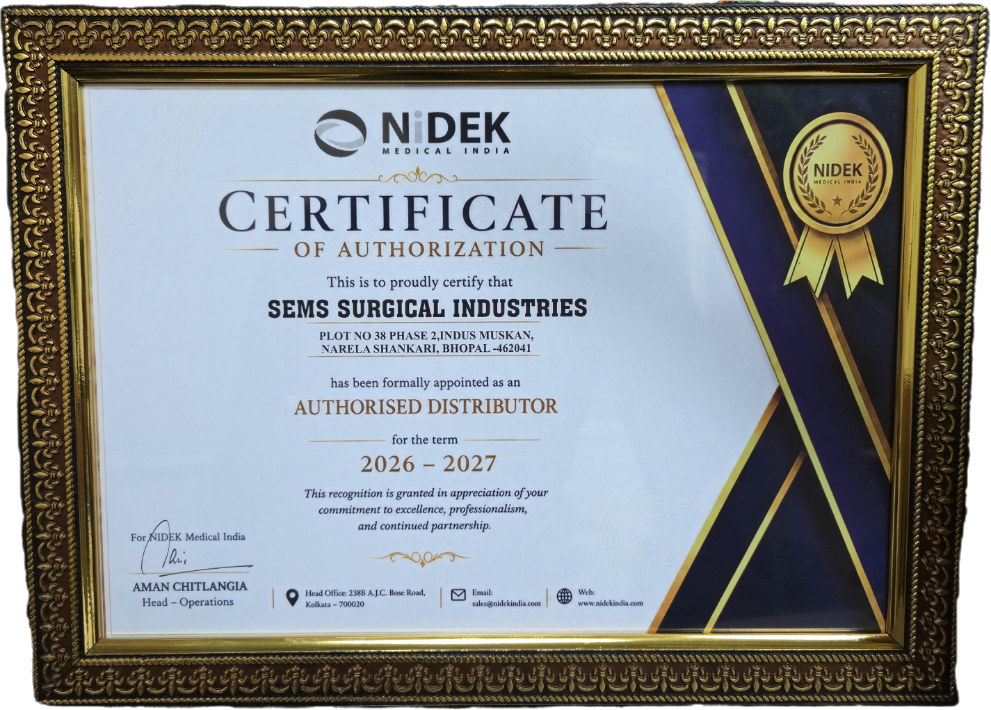 NIDEK Medical India Certificate of Authorization, SEMS Surgical Industries Authorised Distributor